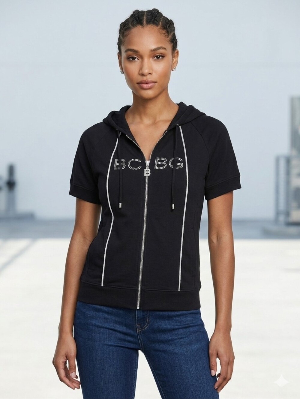 BCBG Black Short-Sleeve Zip Hoodie with Studded Logo size XL